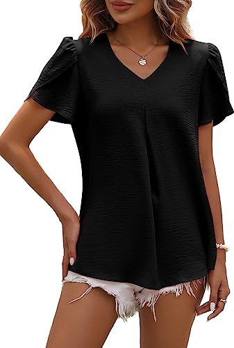 LEKOPUR Damblus, sommar, kortärmad tunika, V-ringad skjorta, enfärgad chiffong, toppar, vår, eleganta sommarblusar, ledig bluströja, t-shirt, topp, svart, XXL