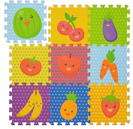 Relaxdays Puzzlematte Früchte, 9-teilige Spielmatte, schadstofffrei, Eva Schaumstoff, Kinderzimmer, 86 x 86 cm, bunt, Orange, Blau, Lila