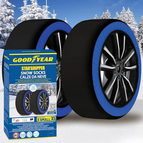 Goodyear Calze da Neve Star Gripper Omologate Italia EN 16662-1:2020 Due Catene da Neve in Tessuto per Auto, Snow Sock Taglia XS, per R13 - R15 (Misure per Pneumatici Dettagliate all'Interno)