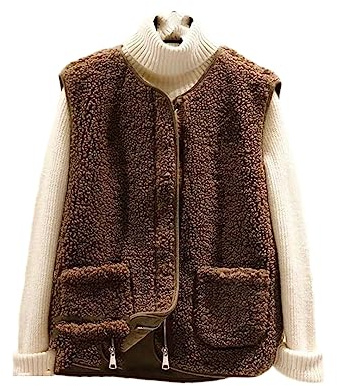 ERFMFKL Damen Weste aus Lammwolle, kurze Freizeitweste, Herbst, Winter, O-Ausschnitt, ärmellos, einfarbig