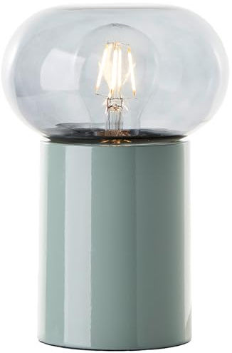 Lighthbox moderne Nachttischlampe - 25 cm Höhe & 15 cm Durchmesser - Tischleuchte mit Glas Abdeckung in Rauchfarben & Schalter - für Schlafzimmer - E27 Fasssung max. 25W - aus Glas/Metall in Grau/Grün