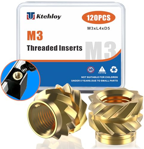 Ktehloy 120Pcs M3 Threaded Inserts, Metric knurled Nuts Brass Heat Set Insert for Plastic Parts,Insert by Heat into 3D Printing Components(M3x4x5mm)