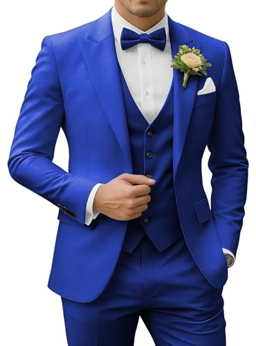 SPTALLFITJSV Herren 3-teiliger Anzug Slim Fit Peak Lapel 2-Knopf Blazer Jacke Weste Hose Set Hochzeit Business Abiball Party Anzug, Königsblau, 5XL
