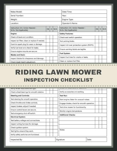 Riding Lawn Mower Inspection Checklist: Ride On Lawn Mower Safety Pre-Start Inspection and Maintenance Checklist. Ensuring Smooth Operation and Longevity