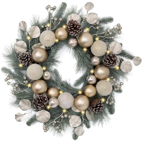 Valery Madelyn 20'' Pre-Lit Christmas Wreath for Front Door with Lights, Lighted Christmas Door Wreath with White Gold Xmas Balls Norfolk Pine Branches for Home Porch Fireplace Window Holiday Decor