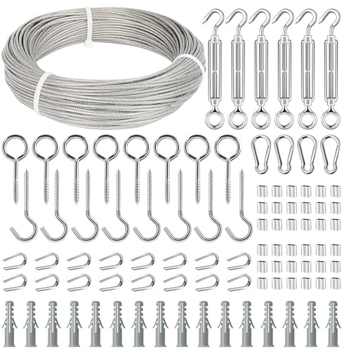 TooTaci 2mm Wire Rope Kit, Garden Wire/Fence Wire for Climbing Plants, 50M/2mm PVC Coated Steel Rope Cable with M5 Turnbuckle & Tensioner Kits, for Strings Light Hanging, Repair & Replace Cable