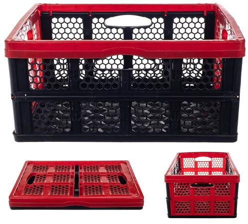 KADAX Klappkiste aus Kunststoff, 47x34x21,5 cm, Faltbare Lagerkiste, Klappbox mit Griffen, Klappkorb, Faltbox, Aufbewahrungskorb für Arbeitszimmer (Schwarz-Rot)