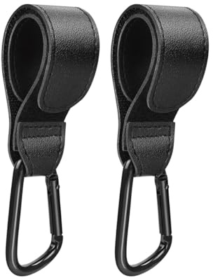 Clip de gancho para cochecito, gancho de correa de cuero para colgar bolsa de pañales, paquete de 2 ganchos universales para cochecito, silla de ruedas, coche, compras y carrito de mascotas (negro)