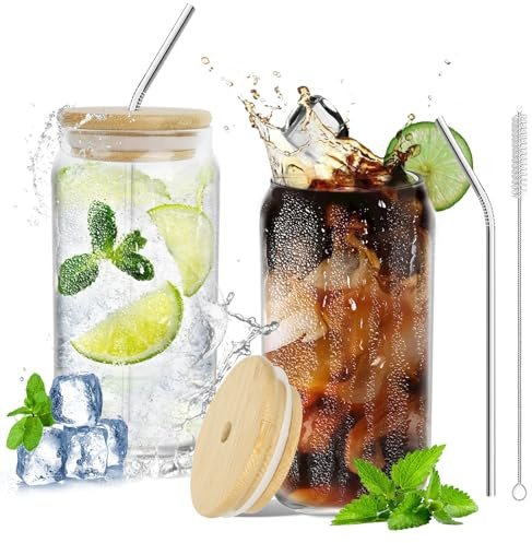 2 Pezzi di Vetro con Coperchio e Cannuccia, Bicchieri da Caffè Freddo 550ml con 2 Coperchi di Bambù e Cannuccia Bicchieri da Cocktail Bicchiere da bere con Coperchio per Soda,Whisky,Frullato,Birra,Tè