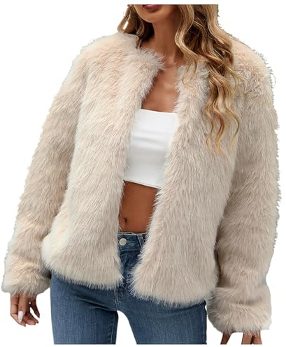PAIDAXING Manteaux d'hiver en fausse fourrure pour femme de luxe ouvert sur le devant, court et épais, manteau Cardiagn tendance, coupe ajustée, veste en fourrure de fête 2024, beige, XL
