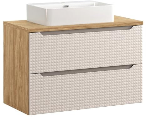 Lomadox Badezimmer Waschtisch 90 cm in Eiche mit beige, grifflose 3D-Front, 2 Softclose-Auszüge