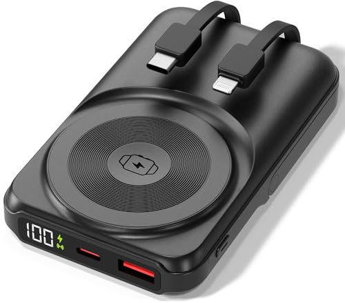 Power Bank USB-C 10.000 mAh Negro – Powerbank inalámbrica magnética (20W), cargador para reloj 2,5 W, carga rápida 22,5 W QC & 20 W PD, cable integrado y entrada Type-C, soporte de aluminio para móvil