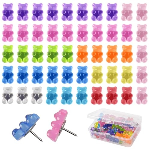 Maxqzin 50 Pcs Push Pins for Bulletin Board,Cute Push Pins with A Box Translucent Resin Cork Board Accessories for Home Office Bulletin Board Hanging Posters (8 Colors)