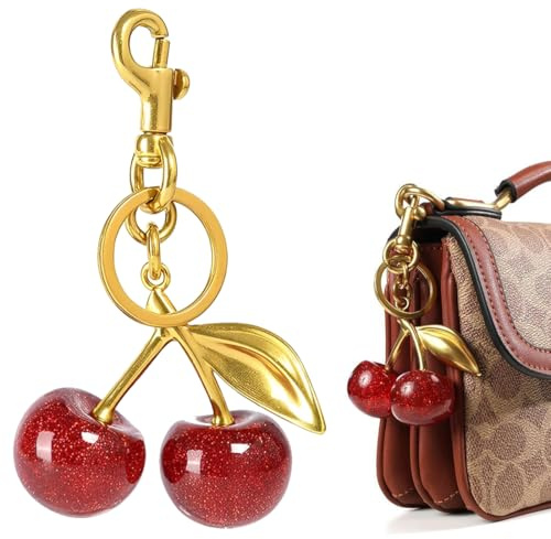 XOXVURI Breloque De Sac À Main En Forme De Cerise Porte-Clés Accessoire De Voiture Cadeau Pour Femme Cadeau De Noël Ou De Saint-Valentin Doré