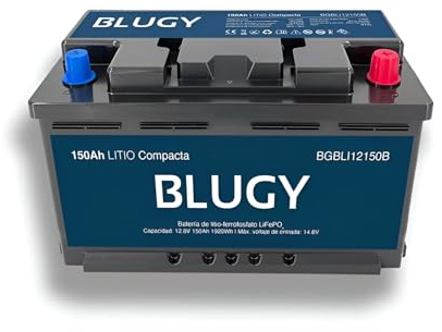 Blugy Batería de Litio LFP 12V 150Ah 1920Wh con Bluetooth y APP, Ideal para Autocaravanas, Barcos, Camper van, Aventuras, Uso Náutico, Compacta 355x175x189mm, Peso Ligero
