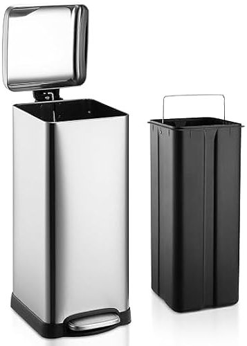 Salutmeuble - Papelera de cocina automática 30L, cubo de basura de acero inoxidable a prueba de olores con bandeja interior extraíble, contenedor rectangular con tapa suave, color plateado