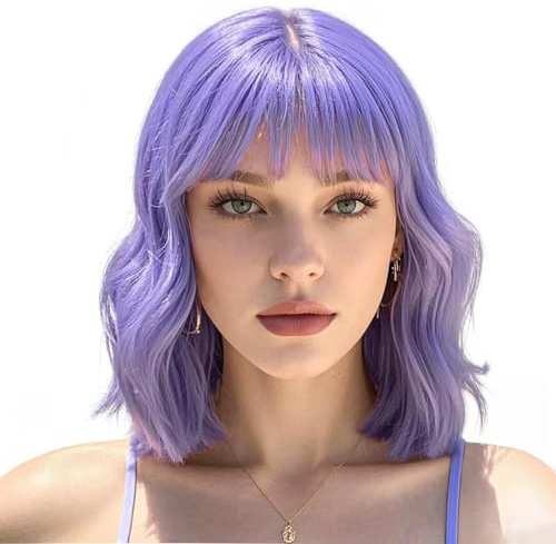 PORSMEER Parrucca corta ondulata con frangia da donna - Capelli sintetici colorati - Per uso quotidiano, festa, Halloween, cosplay - 30 cm - Viola chiaro
