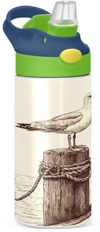 JUMBEAR Bouteille d'eau isotherme en acier inoxydable avec couvercle à paille - Motif mouettes debout sur piliers en bois - 350 ml