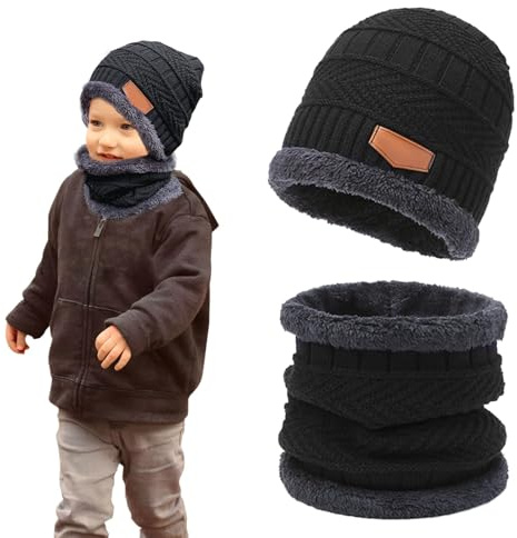 2 Pieces Black Kids Winter Hat Scarf Set Winter Warm Knitted Beanie Arctic Velvet Lined Scarf Children Knitted Cap Elastic and Comfortable for Children Aged 3-10 Boys Girls Unisex