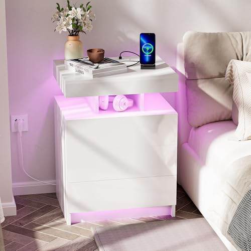 Ztexkee Gloss Bedside Table with Power Socket Big Nightstand with RGB light End Table 3 drawers Large Side Table for Bedroom Living Room White