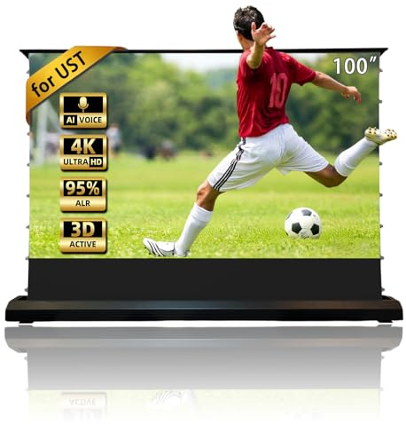 VeezuJoyz 100 inch HBSI V2.0 Motorized Floor-Rising ALR Projection Screen for UST Projector, 16:9 4K/8K UHD, Smart App & Voice Control, Quiet Lift, Cinematic Home Theater & Professional Office