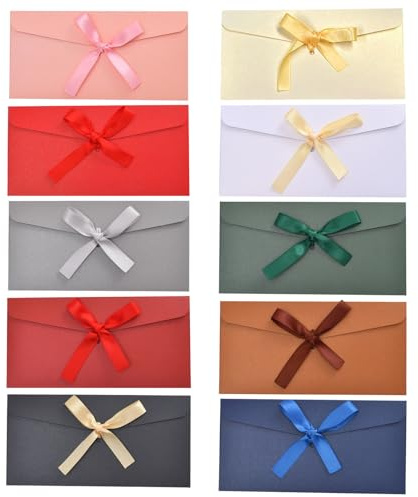 ZaoGoin 10 Stück Farbige Briefumschläge mit Bändern, Edle Perlglanzpapier Umschläge in 10 Farben, Schöne Briefumschläge für Geschenkverpackung, Hochzeit & Weihnachten