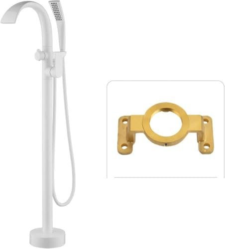 KUNYOS Freistehende Badewanne Armatur Wasserfall, Flacher Auslauf Standarmatur Freistehende Badewanne Mit 59'' Brauseschlauch, 360° Schwenkbar,Weiß