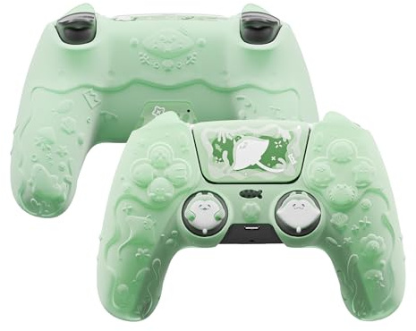 PlayVital for PS5 Controller Cover Skin - Cute Ocean Whisper Series Semi-Clear Silicone Case for PS5 Controller with Thumb Grip & Sticker, Charging Station Compatible, Full Protection - Pastel Green