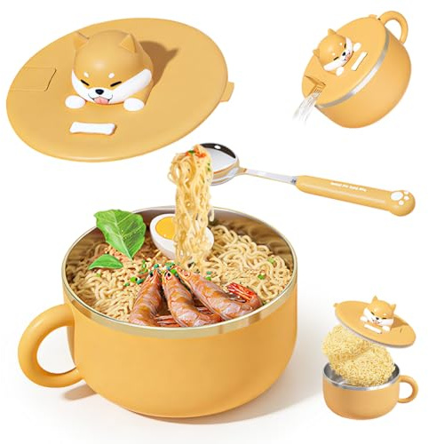 DASIAUTOEM ramen skål med lock, 1 200 ml omedelbar nudlar skål rostfritt stål, ramen skål soppskål med lock och gaffel ramen skål värmeisolering tätning för soppa nudlar dumplings sallader