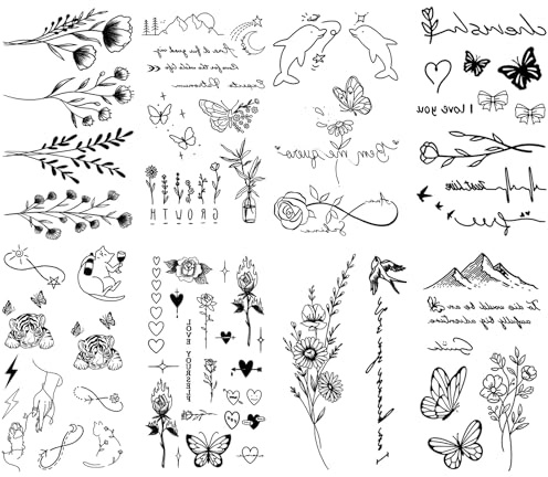 8 Sheets Realistic Temporary Tattoos for Adults, Minimalist Fresh Series Tattoo Stickers for Women, Waterproof White & Black Mixed Styles Tatuajes Temporales Para Mujeres Plant Animal Sentence