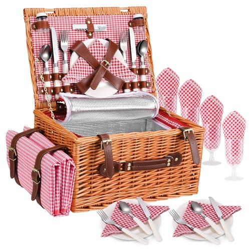 Couleeur Cestino da Picnic in Vimini per 4 Persone, Cesto Picnic con Scomparto Termico, Coperta Impermeabile, Piatti, Bicchieri, Posate, per Campeggio, Festa all'Aperto, Spiaggia, Escursioni, Rosso