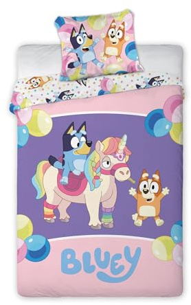 BrandMac Bluey Einhorn Bettwäsche Set 2 TLG. 135x200 cm 80x80cm 100% Baumwolle für Mädchen und Jungen, Wendemotiv Kinderbettwäsche, 1x Kissenbezug 80x80 + Bettbezug 135x200, Öko Tex
