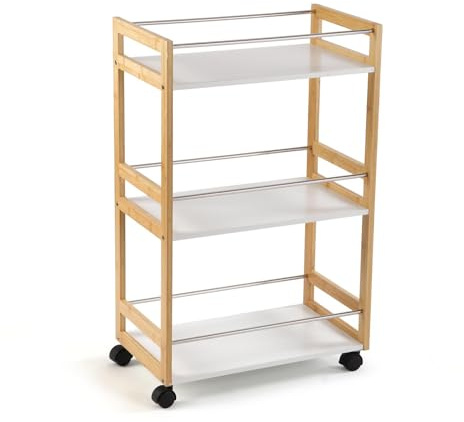 Versa Carro con Ruedas 3 Baldas Blanco Bambú, Estilo Minimalista, 51x30x81 cm, Bambú y Mdf, Blanco