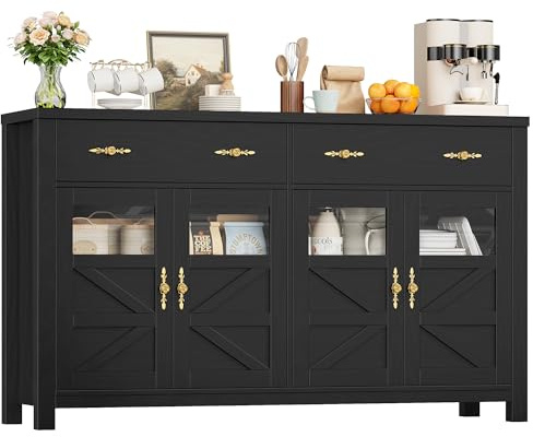 FirFurd Sideboard schwarz 140 cm Küchenschrank mit 2 Schubladen 4 Türen | Buffetschrank Küchenbuffet mit Arbeitsplatte, Küchenkommode Vorratsschrank für Wohnzimmer Küche Esszimmer, 140 x 40 x 90 cm
