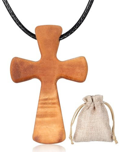 Operitacx Holzkreuz Anhänger Halskette, Handgeschnitzt, Khaki | Erntedankfest, Modern, Schlicht und Elegant, als Geschenk für Klasse und Mutter