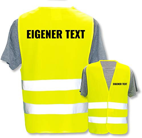 Bedruckte Warnwesten mit ISO-Leuchtstreifen * Standard- oder Reflex-Druck * Erste Hilfe und Brandschutz * Begriff: Eigener Text * Farbe (Größe): Gelb (3XL/4XL)