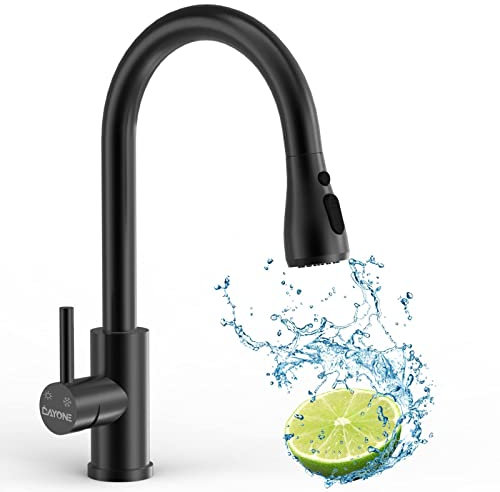 DAYONE Wasserhahn Küche Matt Schwarz, Hochdruck Küchenarmatur mit Brause Ausziehbar, Mischbatterie Küche mit 3 Strahlarte, Armatur Küche 360° Drehbar, Küchenarmaturen Spültischarmatur, Kitchen Tap
