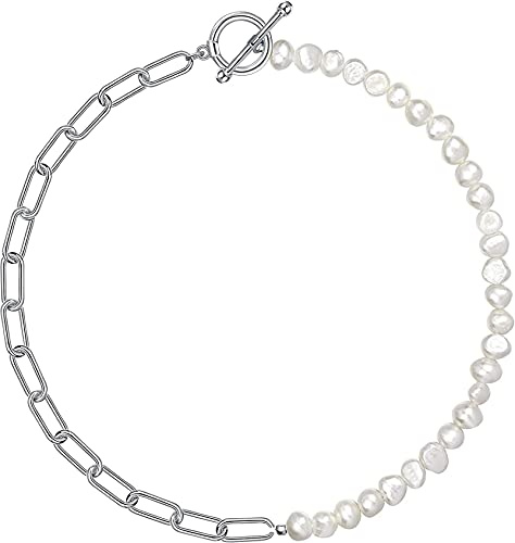 HMOOY Perlenkette, halbe Kette, halbe Perle, vergoldet 18 K, Halskette, Perle und Gold, Halskette, Posaune, Kette mit kubanischen Gliedern, mit Perle, trendiger Schmuck für Damen und Herren
