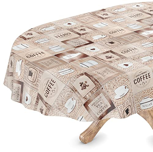 Tischdecke abwaschbar Wachstuch Wachstuchtischdecke Oval 140 x 180cm Schnittkante Kaffee Coffee pflegeleicht