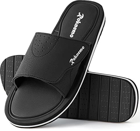 Roknemo Men's Slide Sandals - Adjustable Memory Foam Slides - Comfort Open Toe Beach Shoes Slip On Shoes for Men Summer Sports Indoor Outdoor - Black 9