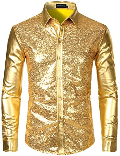 LucMatton Herrenhemden, glänzende Metallic-Pailletten, langärmelig, Knopfleiste, 70er-Jahre Disco-Stil, für Halloween, Cosplay, Club, Rock-, Hip-Hop-Party, Gold, Größe M, metallisch, Mittel