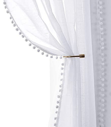 Treatmentex Cortinas Blancas Translúcidas con Pompones para Salón,140x245cm | Cortinas Modernas con Bolsillo para Barra, Visillos para Dormitorio y Sala de Estar, Filtran Luz Solar Suavemente, 2 Piezas