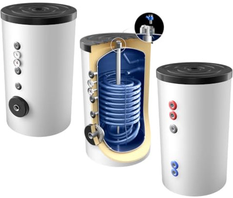 160 Liter emaillierter Hochleistungs-, Warmwasserspeicher/Trinkwasserspeicher/Wärmepumpenspeicher, EEK B, mit 1 doppelt gewickelten Wärmetauscher, inkl. Isolierung, Magnesiumanoden und Thermometer