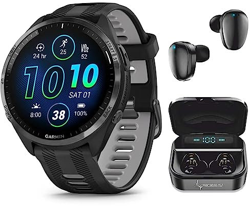 Wearable4U - Garmin Forerunner 965 Premium GPS Running and Triathlon 47mm Smartwatch with AMOLED Touchscreen Display, Carbon Gray DLC Titanium Bezel with Black Silicone Band with Black Earbuds.