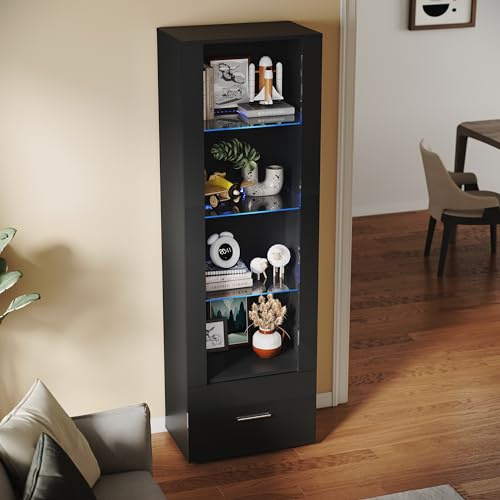 SUNXURY Vitrine Wohnzimmervitrine Vitrinenschrank Standvitrine Stauraumvitrine Glasvitrine Schwarz Wohnzimmerschran 550 x 350 x 1720 mm mit Blauer LED Beleuchtung