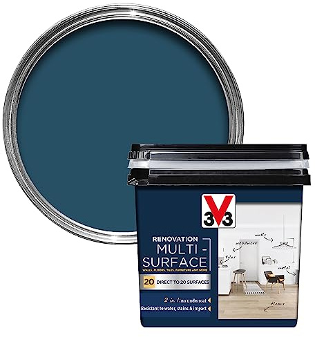 V33 Renovation Multi-Surface Paint, Turquin Blue Satin, 750ml | Direct to over 20 surfaces, No undercoat needed, Water & impact resistant, Ultra durable, Resists flaking & peeling