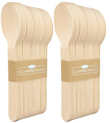 Chef Royale 100 Disposable Wooden Spoon - Eco Friendly Spoons Set - Biodegradable and Compostable Bamboo Wooden Cutlery Set for Christmas Parties Picnics,Weddings,Office (100 Wooden Spoons)