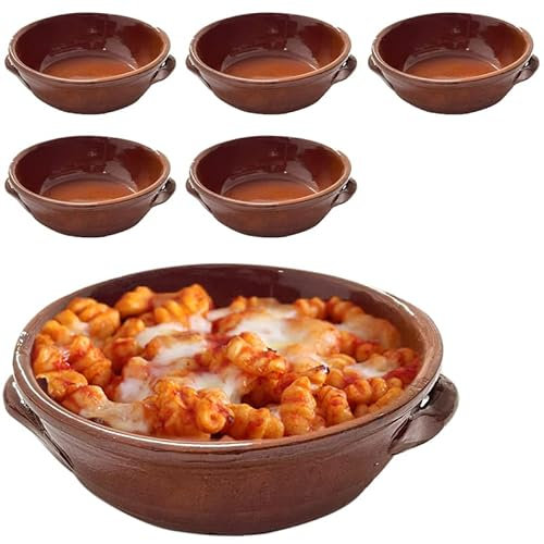 Virsus 6 Tegamini in Coccio Monoporzione, Misura 15x5 cm, Ciotole in Terracotta con maniglie, Terrine adatti al Forno, per Gnocchi, Fusilli, Lasagne, Parmigiana, Pasta al Forno, Made in Italy