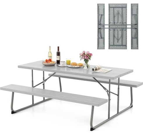 COSTWAY Bierzeltgarnitur klappbar, 183 cm Biertischgarnitur in Holzoptik, Biertisch mit HDPE-Tischplatte, Schirmloch & Metallrahmen, Festzeltgarnitur Sitzgarnitur für Garten, Terrasse, Hof