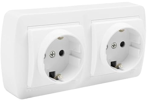 Base doble Schuko 2P+T blanca para instalación mural, perfecta para conectar equipos eléctricos y dispositivos electrónicos.